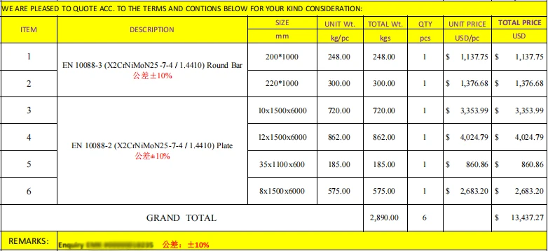 stainless steel round bars PROFORMA INVOICE stainless steel round bars PROFORMA INVOICE